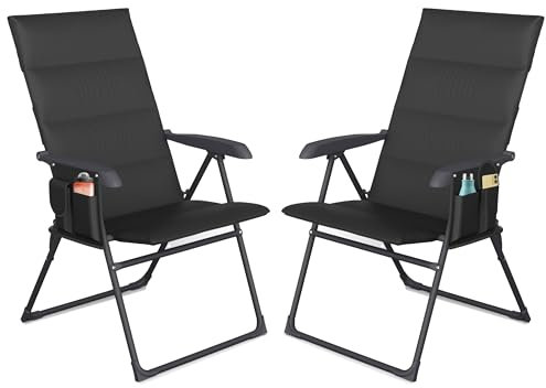 EPISENT Premium Reclining Garden Chair – 2 Pcs BLACK 5-Position Foam Padded Folding SunLounger with Side Pocket, Outdoor Patio Camping Relaxing Chairs, Portable Folding Recliner, Holds 120 kg