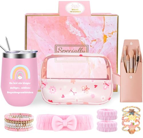 Geschenke für Mädchen Teenager 9 10 11 12 13 14 15 16 Jahre, Einschulung Geburtstag Geschenk Mädchen Glasbecher, Trinkglas mit Strohhalm und Deckel,Schminkpinsel Kosmetiktasche Armband Socken Haarband