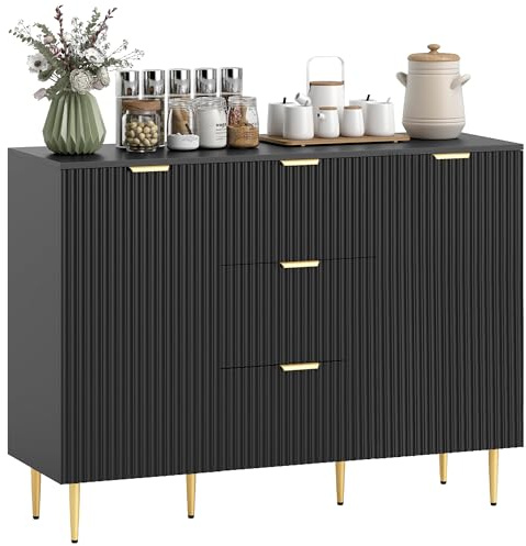 HOMCOM Buffet Meuble Cuisine Rangement Meuble de Rangement avec 3 tiroirs, étagères réglables, placards à Portes cannelées et Pieds en métal, Buffet Salle à Manger et Salon, 120 x 40 x 90 cm, Noir