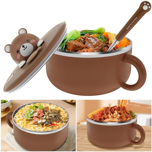YUNYOUC 1200ml Ramen Bowl, 304 Stainless Steel Noodle Bowl with Lid and Spork, Dishwasher Safe, Ramen Cooker Bowls with Phone Holder Function for College Dorm, Office (Brown)