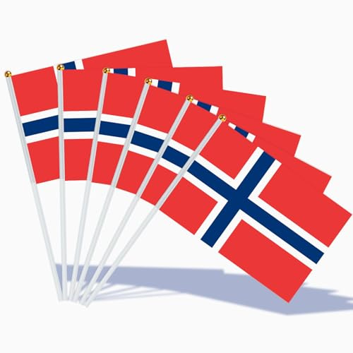 AhfuLife Petit Drapeau - 15/30/100Pcs Mini Drapeaux avec Poteau Solide Blanc pour Décoration Jardin Bar, Coupe du monde (Norvège,14×21cm - 15Pcs）