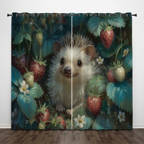 CEDNXOER Vorhänge Wohnzimmer Retro Erdbeere Früchte Blickdicht Mit Ösen, Grün Muster 2Er Set H 200 x B 70 cm Vorhang Verdunkelung Niedlicher Igel Gardinen Blickdicht Schlafzimmer
