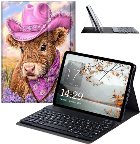 JANENFNA Fire HD 8 2022 Tablet Case with Keyboard, Detachable Wireless Bluetooth Keyboard Case for Kindle Fire HD 8 & 8 Plus Tablet (12/10th Gen, 2022/2020 Release) -Cow in Pink Cowboy Hat