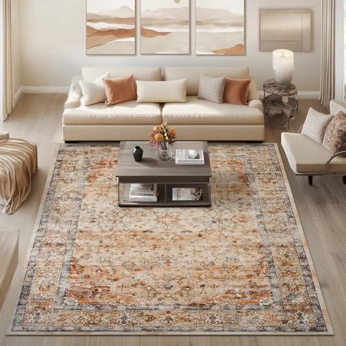 Topfinel Vintage Teppich 200x300cm Orange Boho Kurzflor Teppich Waschbar in Waschmaschine rutschfest Weicher Wohnzimmer Teppiche für Schlafzimmer Esszimmer Büro Groß Carpet Orientalischer