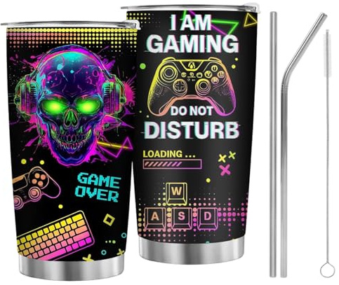 Clyrax Gamer Gifts for Boys Men, Stylish Design Insulated Stainless Steel Tumbler, 20oz Travel Mug with Straw Lid and Extras, Gamer Cup for Cold Hot, Cool Gaming Cup Gift for Teen Boys and Gamers