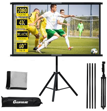 Projector Screen with Stand,Indoor Outdoor Projection Screen with Black backing,16:9 HD Premium Wrinkle-Free Tripod Screen For Projector with Storage Bag (60 inch screen)