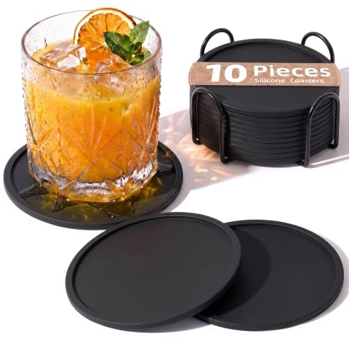 HELIMIAO Untersetzer Gläser Silikon mit Halter,rutschfest Glasuntersetzer mit Hohem Rand für Auslaufschutz,Hitzebeständig Tassenuntersetzer für Couchtisch,Esstisch&Bar,10Stück mit Halter Schwarz