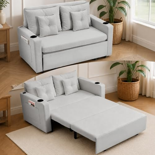 AVAWING 2-Sitzer Schlafsofa ausziehbar, Hellgrau | Getränkehalter, USB-Anschluss, Seitentaschen, Metallrahmen, Kompakt, für Wohnzimmer, Büro, Gästezimmer.