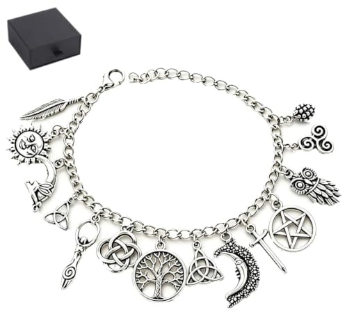 Generisch Vintage-Hexen-Charm-Armband, himmlischer Gothic-Boho-Schmuck, verstellbarer hexenhafter heidnischer Schmuck mit Mond, Sonne, Lebensbaum, Eule, Pentagramm-Charms