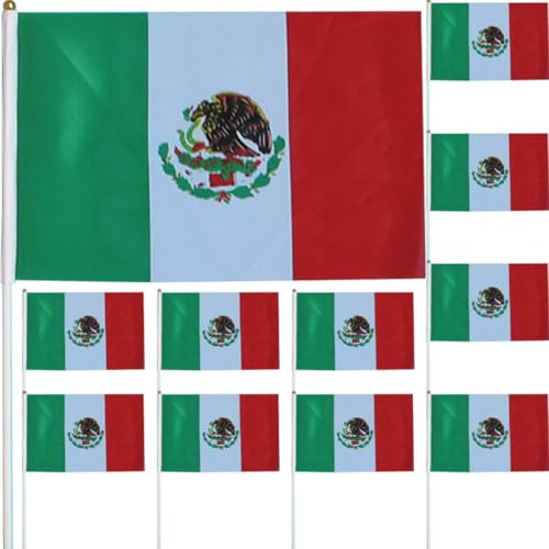 Petit Drapeau du Mexique à Main 50 Pièces en Polyester Bâton | Drapeau National Mexicain, pour Événements Sportifs et Militaires, Accessoires de Fête