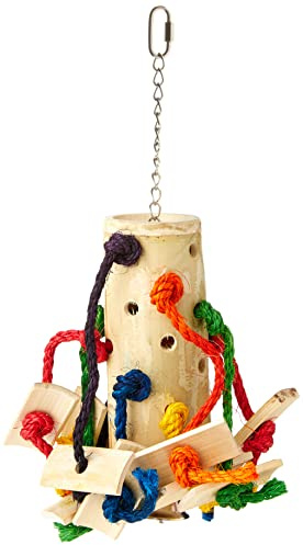 HAPPYPET Bamboo Puzzle with Rope Bird Toy Durable Chewable Natural Safe Interactive Colourful Hanging Cage Accessories for Parrots Cockatiel Parakeets