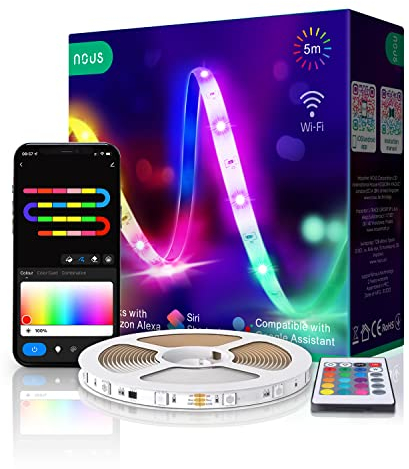 NOUS F1 RGB Striscia 5m Led. WiFi adesiva strisce. Alexa Google home colorati curvabile luci kit per tv, camera letto, scrivania, cucina, retroilluminazione gaming. Tuya Smart life accessori domotica