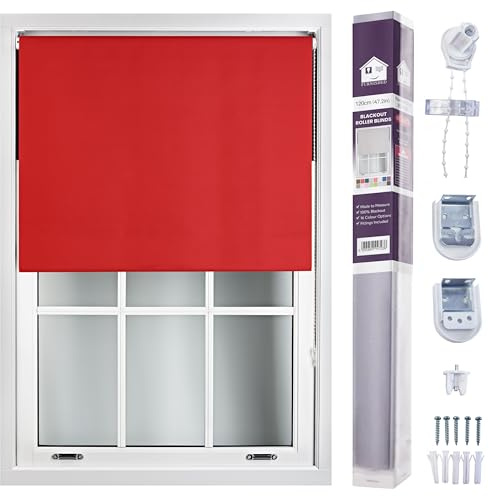 FURNISHED Roller Blinds Window Blackout Blind - 100% Black Out Thermal Fabric Easy Fit Fittings - Custom Made to Measure Blackout Blind Bedroom Bathroom Kitchen, Red, Up to 120W x 165H cm