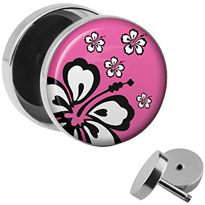 Treuheld | Ohrstecker zum Schrauben - Hibiskus Blüten - Pink-schwarz-weiß - Ø 10mm Silber - Motiv Fake-Plug Edel-Stahl Ohr-Ringe - Chirurgen-Stahl 316L Fake-Tunnel - Gewinde Ohr-Stecker - Blume