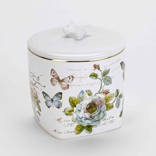 Avanti Linens - Covered Jar, Multipurpose Countertop Organizer, Ceramic Bathroom Decor (Butterfly Garden Collection), White | Covered Jar, Stores Q-Tips, Cotton Balls & Pads, Countertop Organizer, Bathroom Storage, Easy To Clean