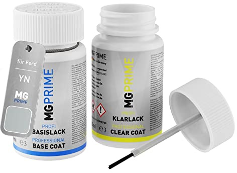 MG PRIME Autolack Lackstift für Ford YN/ZJMCWHA Arctic Silver Metall. +1K | Arctic Silver Metallic, Set aus Basislack + Klarlack, Lackfläschchen mit Pinsel, je 50ml