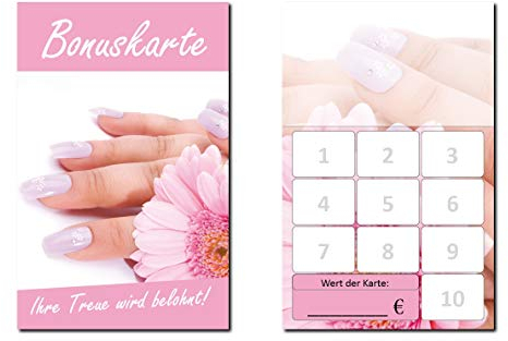 500 Stück Bonuskarten Nagelstudio Rosa Nägel Wellness Kosmetik (BOK-421) mit 10 Stempelfeldern Treuekarten Massage Beauty