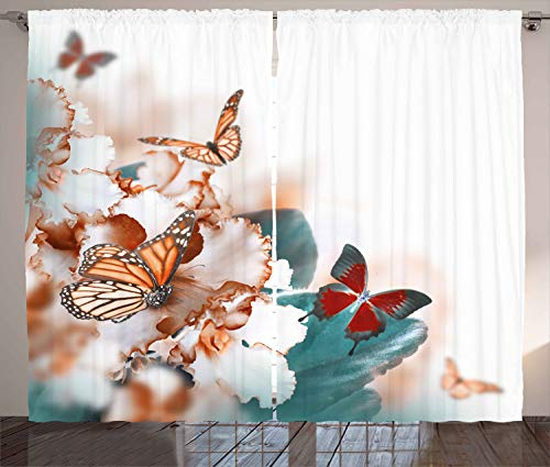 ABAKUHAUS Natur Rustikaler Gardine, Bunte Schmetterlinge fliegen, Schlafzimmer Kräuselband Vorhang mit Schlaufen und Haken, 280 x 175 cm, Hellorange Weiß