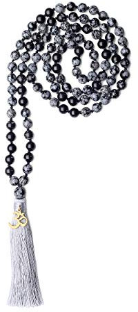 COAI Unisex Handgeknüpft 108 Mala Yoga Kette Buddhistische Halskette Gebetskette aus Schneeflocken Obsidian mit Quaste und Namaste Charm