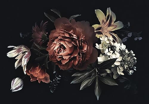 STROXTH WALLPAPER Papier Peint Panoramique Fleur Sur Mesure Soie Effet 3d Paysage Salon Chambre, Rétro Noir Contexte Peint Main Rose Pivoine Floral Feuillage Adulte Enfant Zen Poster Geant Mural