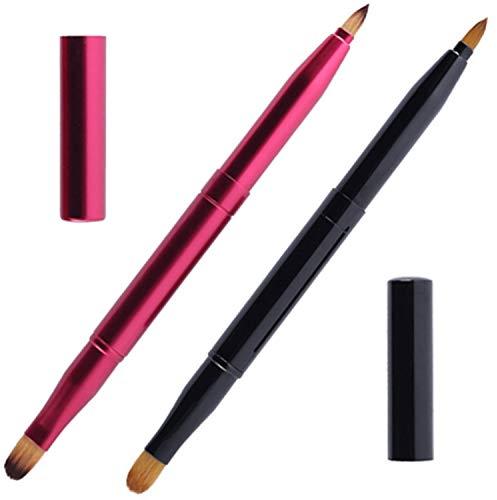 mSure 2 Stück einziehbare Lippenpinsel – Doppelend-Lippenstift & Concealer-Pinsel mit Kappe – Rosa & Schwarz – Naturborsten – Polyester-Griff