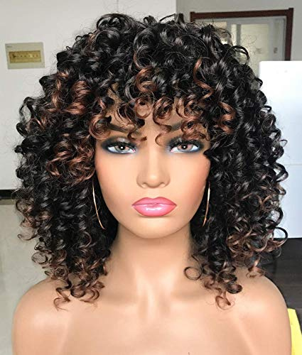 Lizzyhair Short Curly Afro Wigs with Bangs for Black Women African Synthetic Glueless Heat Resistant Fluffy Bomb Curly Hair Wig (Ombre Brown)