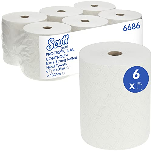 Scott Extra Strong Papierhandtücher 6686, 1-lagiges Handtuchpapier, weißes Tuch für hygienisches Händetrocknen, 6 Rollen x 304 m (insg. 1.824 m)