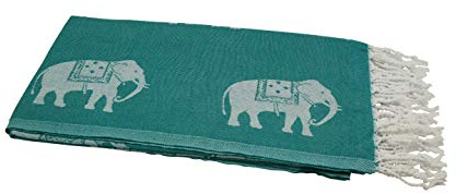 my Hamam, Saunatuch Hamamtuch, Pestemal mit kleinen Elefanten Motiven, petrolgrün mit Fransen, ca. 95x175 cm