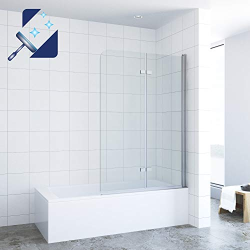 AQUABATOS® 100 x 140 cm Duschtrennwand für Badewanne Badewannenfaltwand Badewannenaufsatz Hebe-senkmechanismus faltbar Duschwand Glas aus 5 mm Einscheiben Sicherheitsglas Echtglas Nano Beschichtung