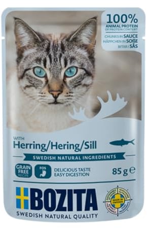 Bozita Pouch Nassfutter Häppchen in Sauce mit Hering - 12x85g Portionsbeutel getreidefreies & weizenfreies Futter für Katzen - Katzennassfutter für Adult-Katzen mit 8,5% Protein & 4,5% Fettgehalt