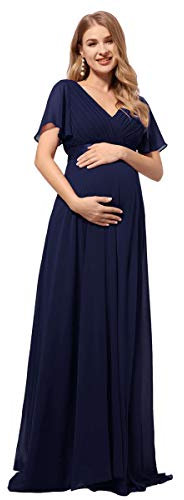 Ever-Pretty Robe De Soirée Style Long Manches Volantées Col en V Jupe Trapèze Robe Femme Chic Et Elegant Bleu Marine 40