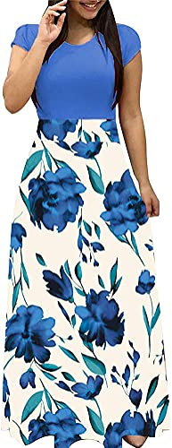 Minetom Femmes Robe Longue Decontractée Floral Imprime sans Manche ÉTé Épaule Nue Robe Maxi de Plage Vacances Chic Casual D Bleu XS