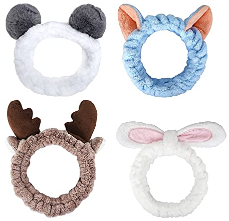 Haarband Schminken, 4 Stück Damen Kosmetik Schmink Haarband für Gesicht Waschen, Make-up, Dusche (Blau, Weiß, Hellgrau und Schwarzweiß)