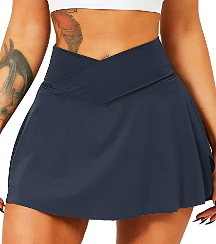 TZLDN Tennis Skort - Damen Sport Rock mit Shorts Laufrock Minirock Tennisrock Hosenrock Sommerrock Skirt Outdoor Workout Running A03 Dunkelblau M