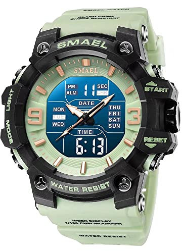 SMAEL Herren Militäruhren Outdoor Sport Uhr Wasserdicht LED Datum Alarm Digital Analog Armbanduhr für Männer, Grün , Large Face, Digital
