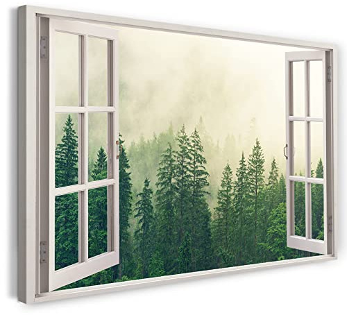 Printistico Bilder Fensterblick 100x70cm Baumwoll-Leinwand auf Keilrahmen mit Aufhänger moderner Kunstdruck XXL Wandbilder Wand-Dekoration Wald Nebel Nadelbaum Natur - Natur-Fotografie