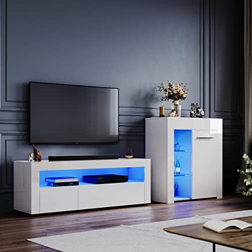 ELEGANT High Gloss White Living Room Set TV Stand Sideboard Multicolour LED Lights,UK Power Adapter Included