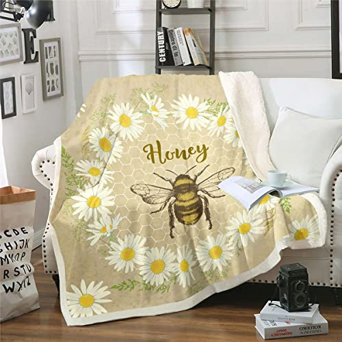 Kawaii Bienen Decke 100 x 130 Niedlicher Geometrischer Waben Decke Werfen Bauernhof Rustikales Gänseblümchen Blumen Sherpa Decke für Kinder Mädchen Teenager Weicher Leichter Fleece Decke