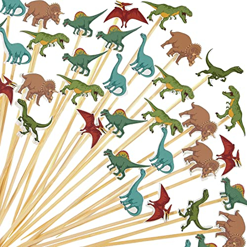Dinosaur Cocktail Picks Dino Appetizers Picks Dino Party Toothpicks Bamboo Food Cupcake Toppers for Kids Birthday Party Baby Shower Drink Fruit Dessert Cake Decoration (100 pieces)