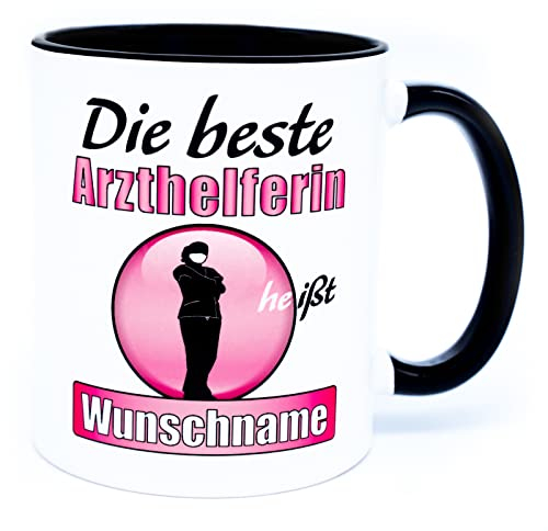 Die beste Arzthelferin heißt Name personalisierte Tasse mit Spruch Geschenk Becher für Mfa Zubehör Arztpraxis Pflegefachfrau Geschenkidee zur Rente Ausbildung Prüfung bestanden Abschied Keramik 330 ml