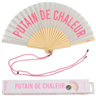 Fisura - Original handheld folding fan with message in french. wooden fan. Original holding Hand Fans. Fan with hanger included (Chaleur, grey and pink)