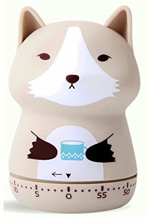 NUOSWEK Minuteur de cuisine mécanique en forme d'animal mignon pour enfants, à remonter 60 minutes, compte à rebours manuel pour salle de classe, maison, étude et cuisine (loup beige)