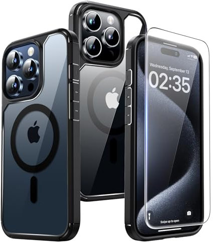 TAURI Magnetic for iPhone 15 Pro Max Case, and Screen Protector, [Not-Yellowing] [12 FT Grade Protection] Mag-Safe Case for iPhone 15 Pro Max 6.7 inch - Black