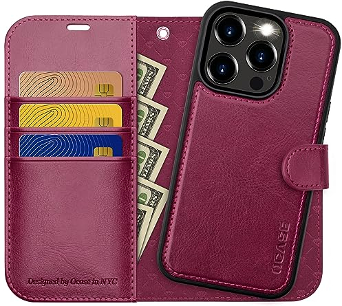 OCASE iPhone 15 Pro Max Hülle(2in1) Leder Stoßfestes Case [Abnehmbare magnetische Hülle] [Kabelloses Laden] [Kartenfach] Handyhülle RFID Schutzhülle Etui Klapphülle Burgundy 6,7 Zoll