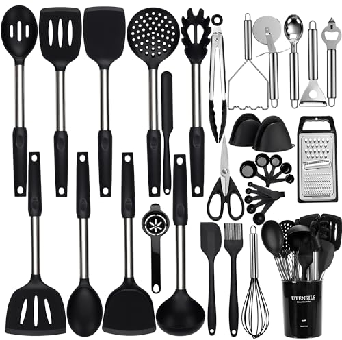 NCUE Kitchen Utensils Set, 35 Pcs Silicone Cooking Set with Holder, Stainless Steel Handle Spatula Spoons, Pasta Server, Cheese Grater, Masher, Scissors, Dishwasher Safe (Black) (NC35P)