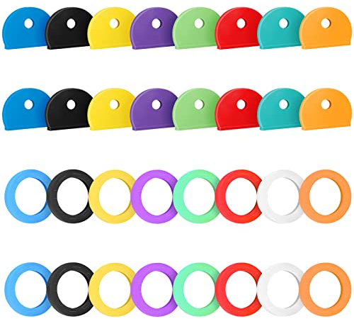 Uniclife 32er-Pack Schlüsselkappen-Etiketten-Set in 8 verschiedenen Farben Kunststoff-Schlüsselkennzeichnungs-Etikettenabdeckungen für Standard-Flachhausschlüssel, 2 Stile