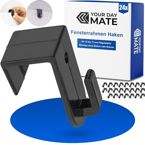 Fensterhaken zum Einhängen, 24 Stück, in Schwarz, Dekohaken für 12 - 17 mm Flügelstärke, Türhaken ohne kleben und bohren, Fensterclip für Lichterkette, Dekoanhänger, Türkranz, Aufhänger Fensterrahmen