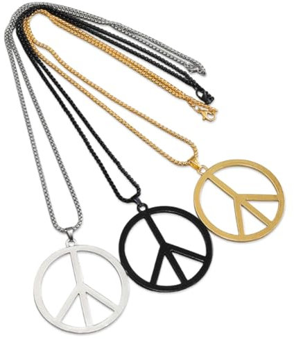 HZAOPZE Hippie-Stil Friedenszeichen-Halskette Peace-Zeichen Anhänger Halskette Peace-Symbol Schmuck Edelstahl 1960er 1970er Jahre Hippie Party Dressing Zubehör, 3 Stück, Silber, Schwarz und Gold