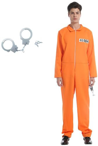 Prisoner Costume Men, Classic Orange Jumpsuit with Handcuffs, Jail Uniform for Costume Parties and Halloween (M)
