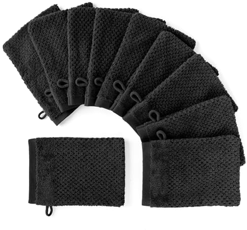 Pure Label 10-TLG. Waschhandschuh Waschlappen Set mit Anhängeschlaufe aus 100% Baumwolle, saugstark, weich und Oeko-TEX Zertifiziert - 10 Waschlappen aus Baumwolle 16x21cm, Schwarz